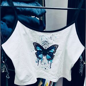 Cute Faded Rose Top Tank Crop Top XL White Cute With Butterfly Print New